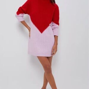 Colorblock Long Sleeve Dress - Red and Pink